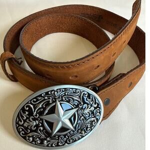 Justin Western Leather Belt Size 40 Brown Cowhide Lone Star Buckle Made in USA